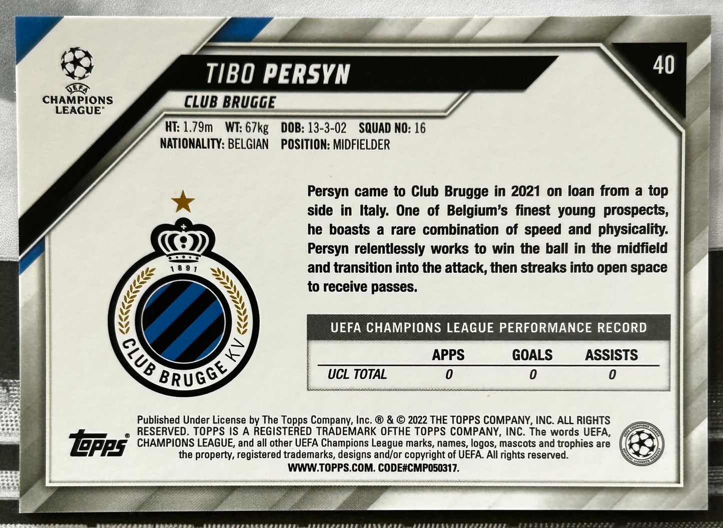 Topps UEFA Chrome Sapphire 2021-22 - TIBO PERSYN (CLUB BRUGGE) Rookie RC #40