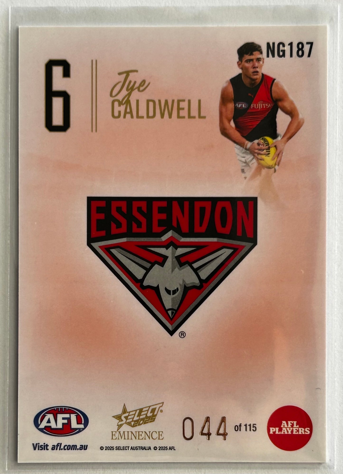 2025 AFL Select Eminence - JYE CALDWELL (ESSENDON) Nameplate Gold '6' /115 NG187