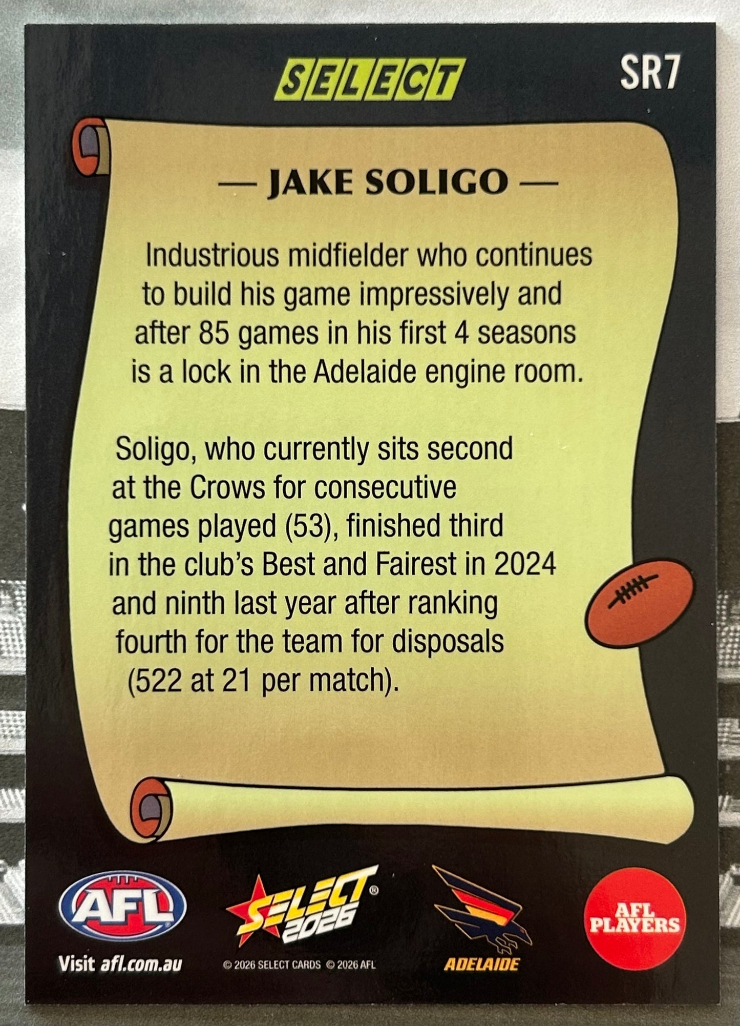 Select AFL Footy Stars 2026 - JAKE SOLIGO (ADELAIDE CROWS) Select Rewind SR7