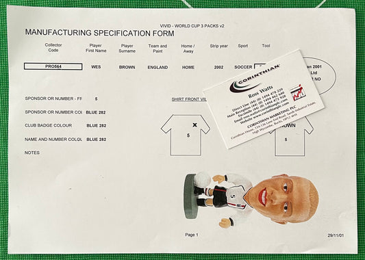 Corinthian ProStars Manufacturing Specification Form - WES BROWN (ENGLAND) Vivid World Cup 2002 3 Packs PRO564