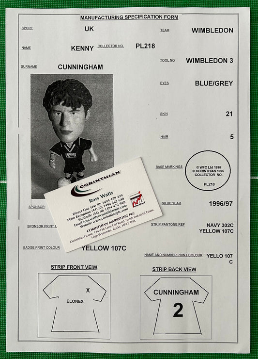 Corinthian Manufacturing Specification Form - KENNY CUNNINGHAM (WIMBLEDON) 1996-97 PL218