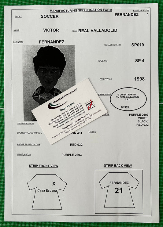 Corinthian Manufacturing Specification Form - VICTOR FERNANDEZ (REAL VALLADOLID) 1996-97 SP019