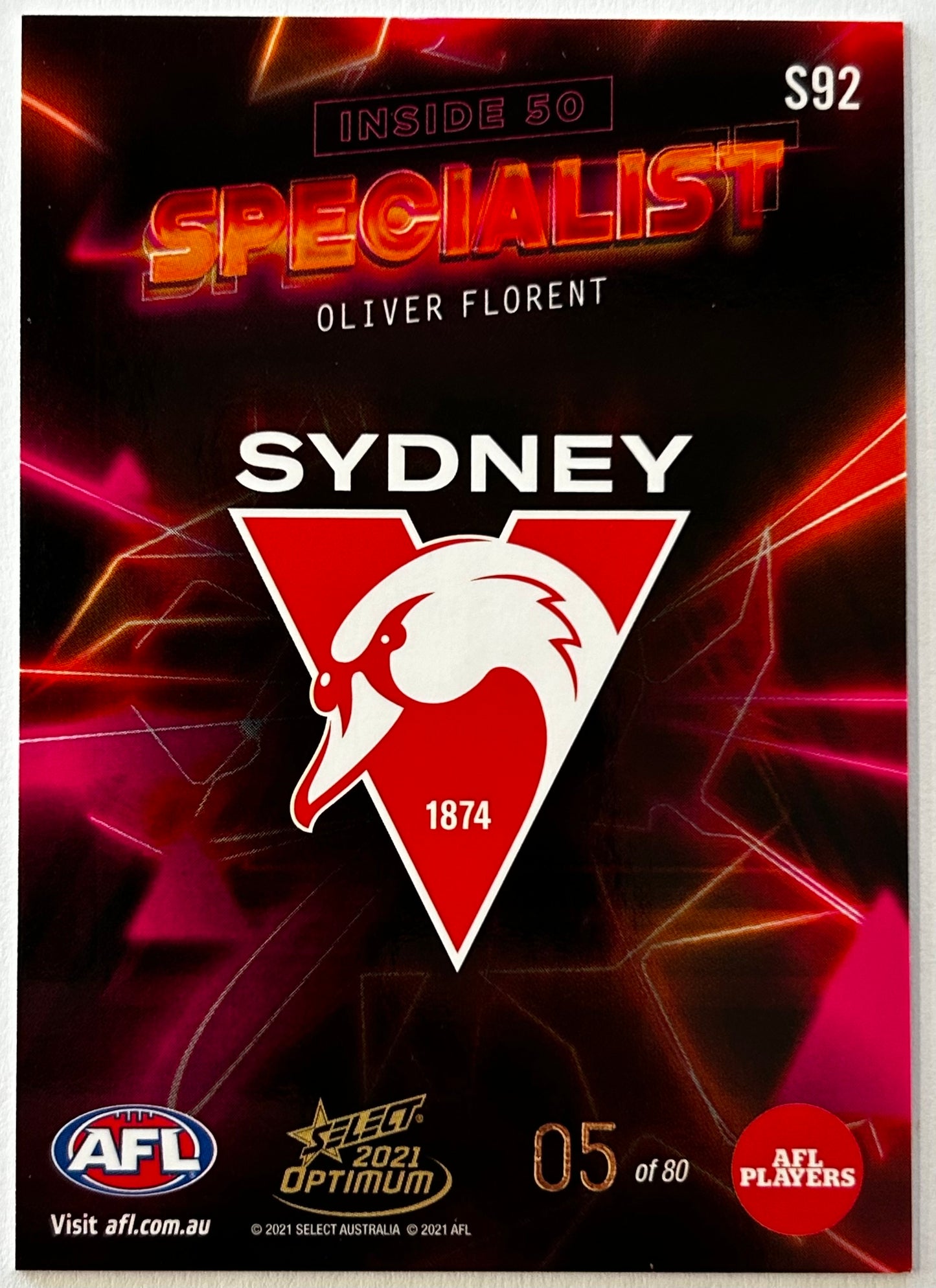 2021 AFL Select Optimum - OLIVER FLORENT (SYDNEY SWANS) Inside 50 Specialist S92 /80