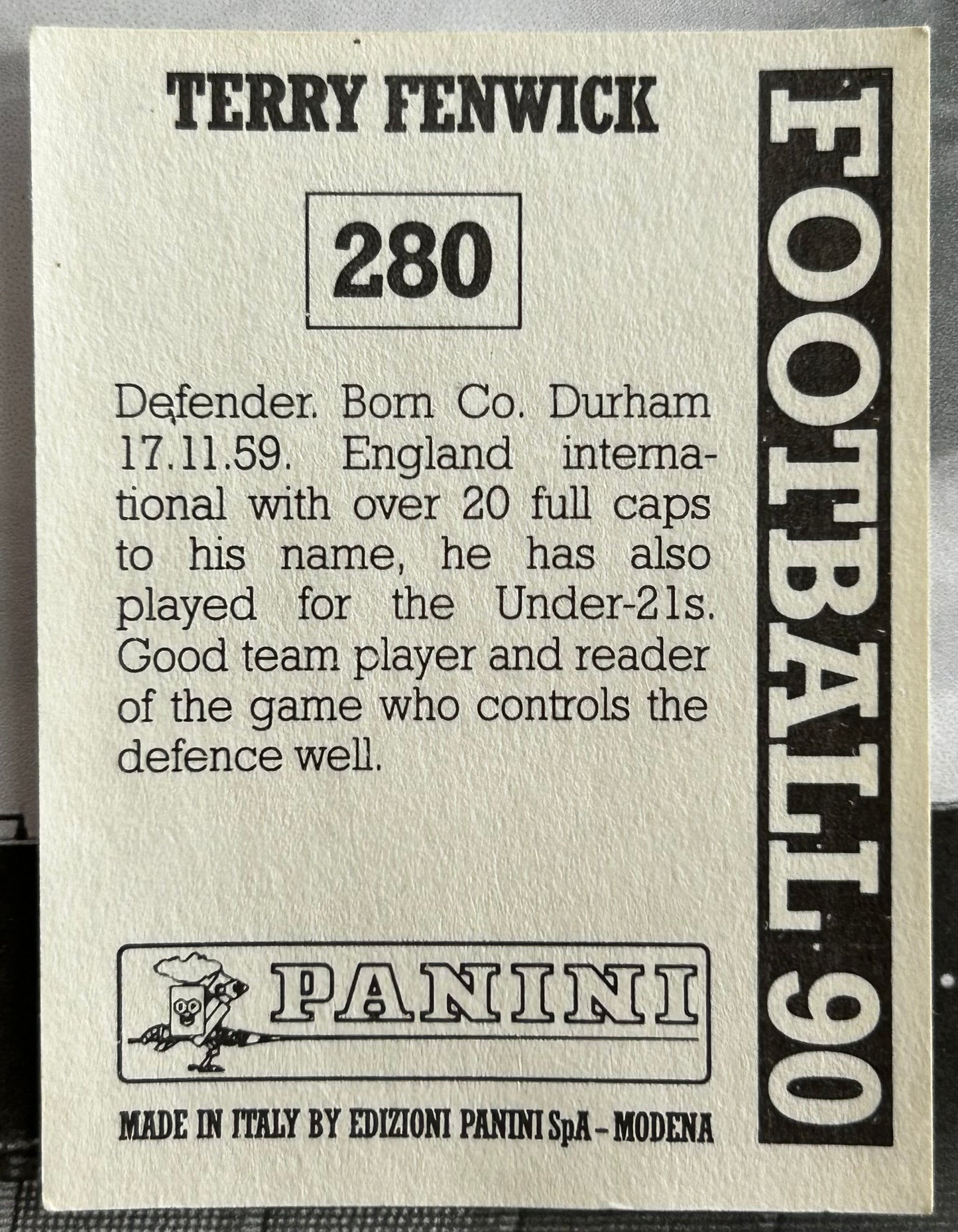 Panini Football 90 Sticker - TERRY FENWICK (TOTTENHAM HOTSPUR) #280