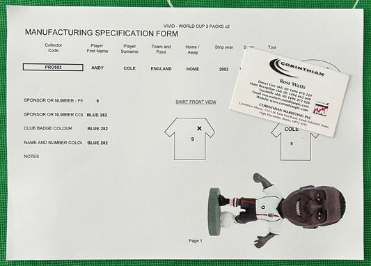 Corinthian ProStars Manufacturing Specification Form - ANDY COLE (ENGLAND) Vivid World Cup 2002 3 Packs PRO583