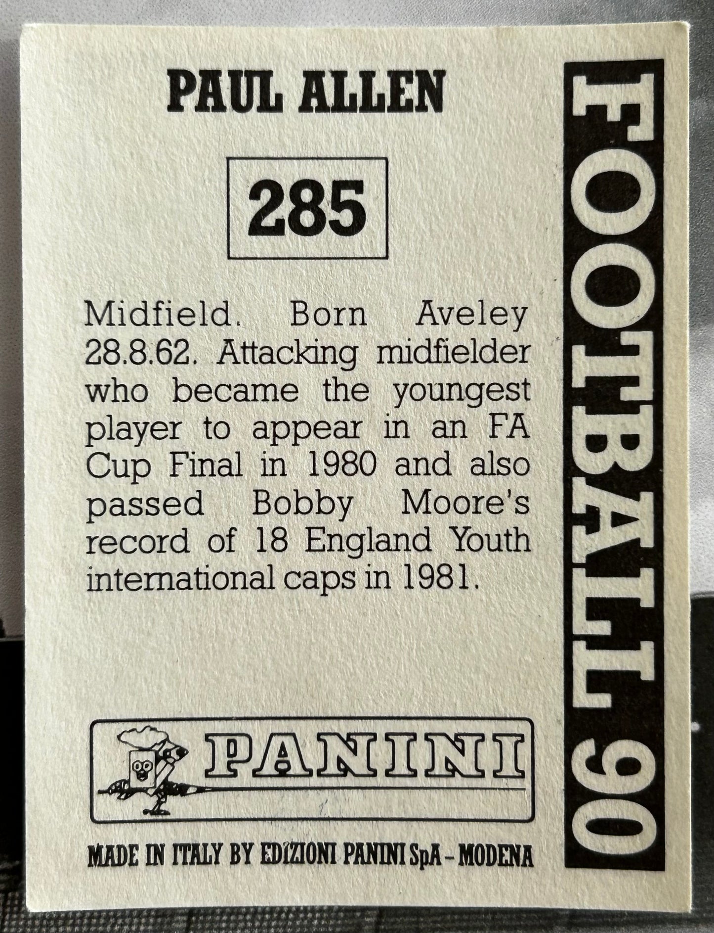 Panini Football 90 Sticker - PAUL ALLEN (TOTTENHAM HOTSPUR) #285