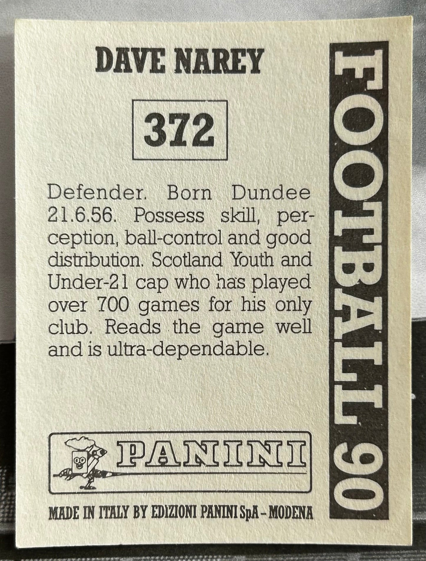 Panini Football 90 Sticker - DAVE NAREY (DUNDEE UNITED) #372