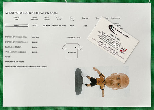 Manufacturing specification form for a Corinthian football figure with a cutout of the figure of the player and all of the details provided to the factory in China to produce the figure