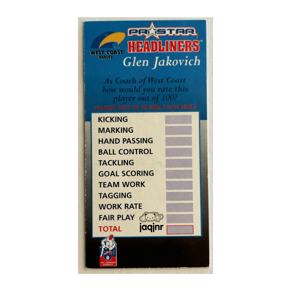 Corinthian AFL Prostar Headliners - GLEN JAKOVIC (West Coast Eagles) Unreleased Collector Card AFL45