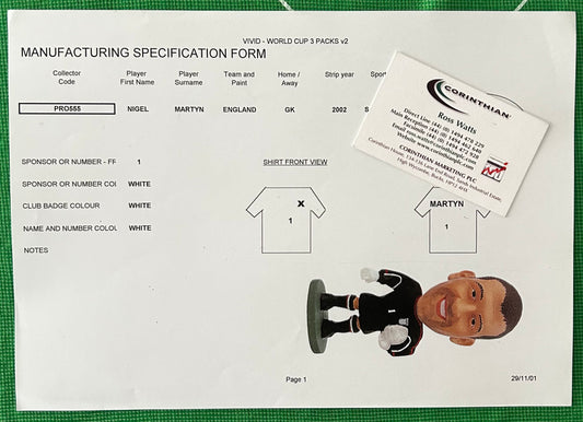 Corinthian ProStars Manufacturing Specification Form - NIGEL MARTYN (ENGLAND) Vivid World Cup 2002 3 Packs PRO555