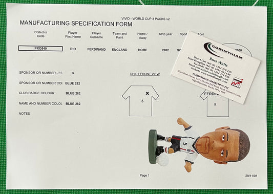 Corinthian ProStars Manufacturing Specification Form - RIO FERDINAND (ENGLAND) Vivid World Cup 2002 3 Packs PRO549
