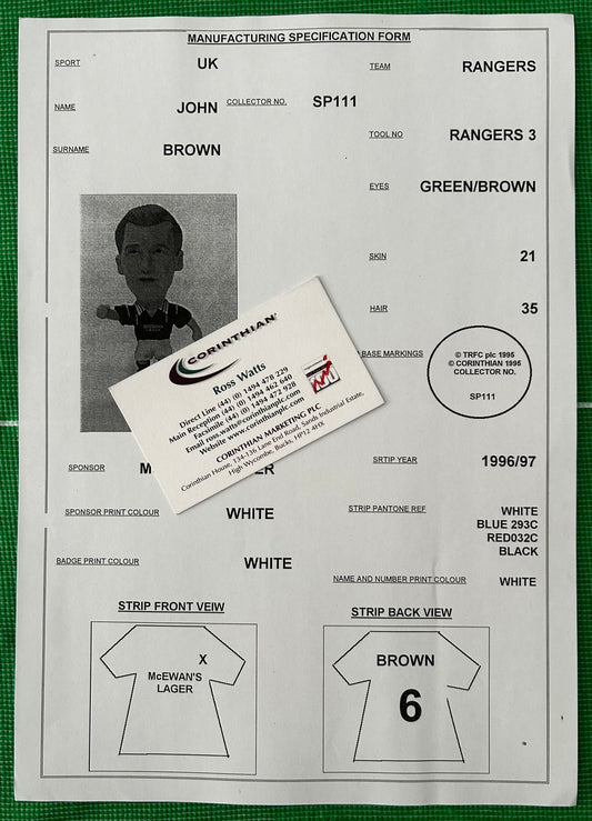 Corinthian Manufacturing Specification Form - JOHN BROWN (RANGERS) 1996-97 SPL111