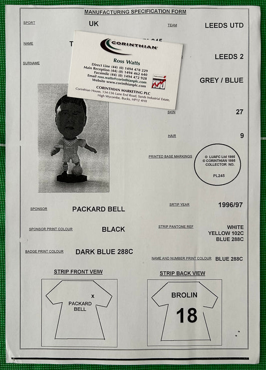 Corinthian Manufacturing Specification Form - TOMAS BROLIN (LEEDS UNITED) 1996-97 PL245