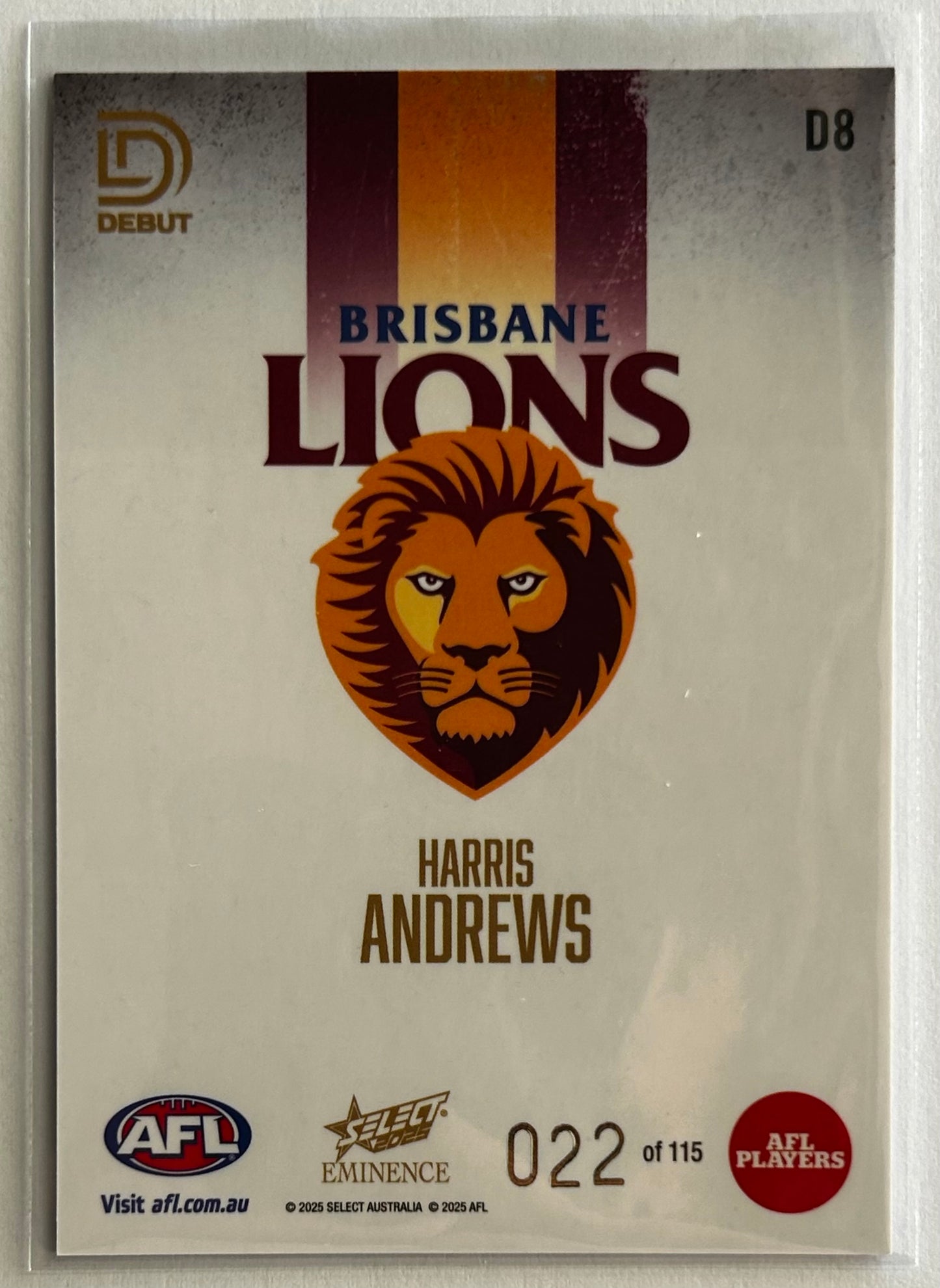 2025 AFL Select Eminence - HARRIS ANDREWS (BRISBANE LIONS) Debut /115 D8
