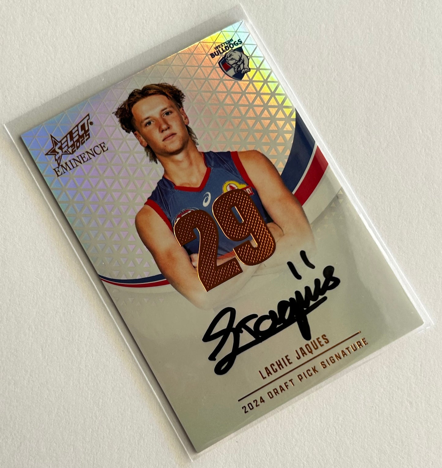 2025 AFL Select Eminence - LACHIE JAQUES (WESTERN BULLDOGS) Draft Pick Signature Copper /195 DPSC29