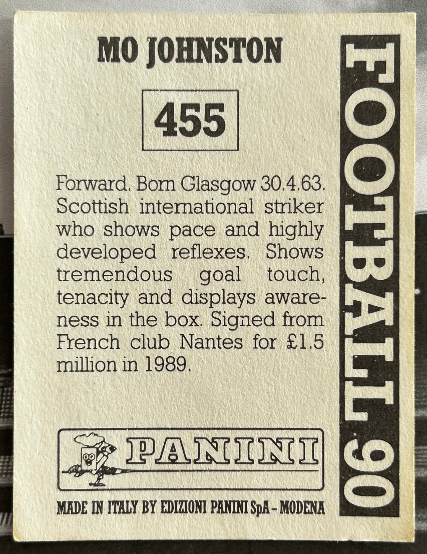 Panini Football 90 Sticker - MO JOHNSTON (RANGERS) #455