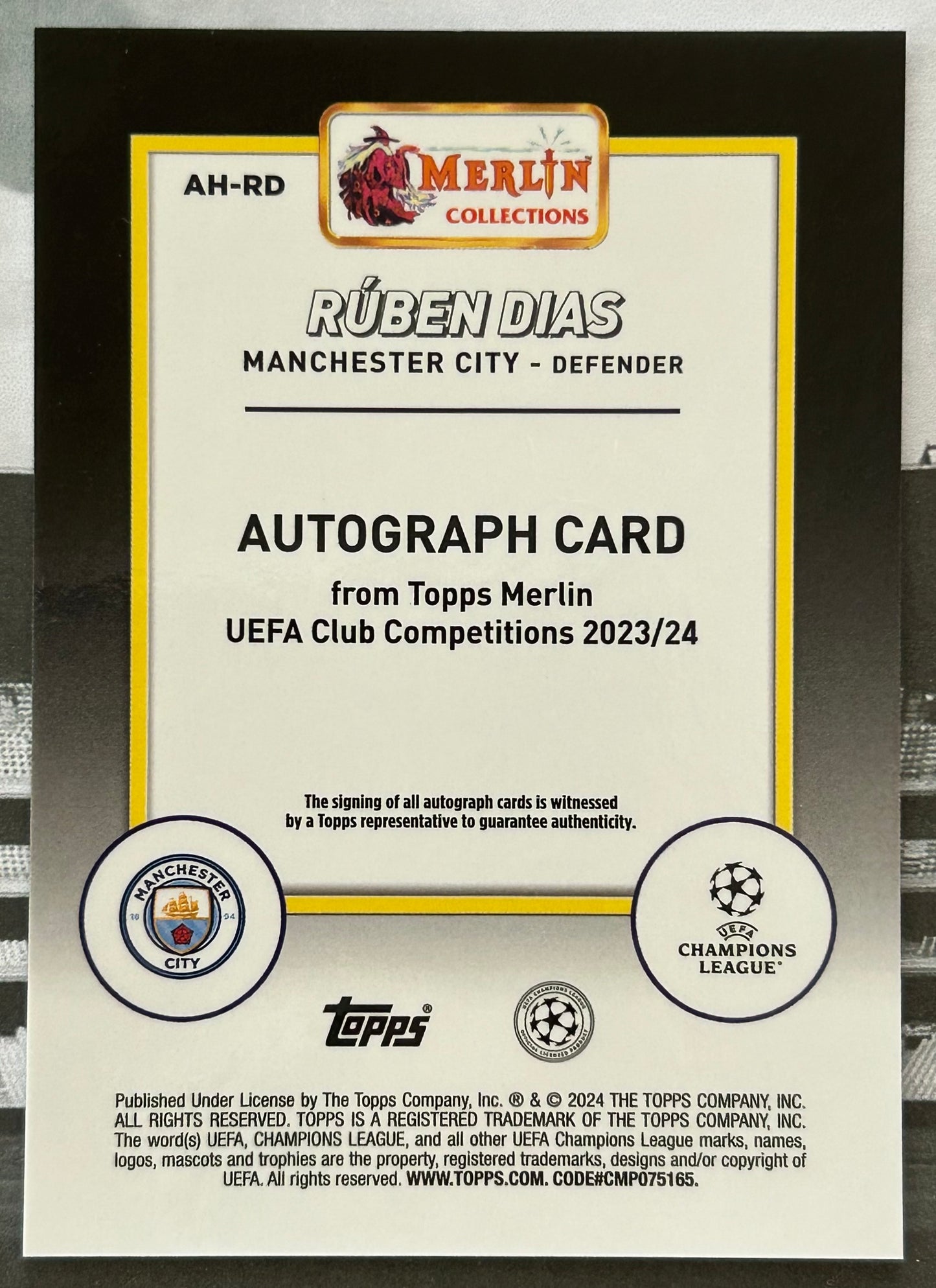 2023-24 Topps Merlin UEFA Club Competitions - RUBEN DIAS (MAN CITY) Certified Autograph Card #AH-RD