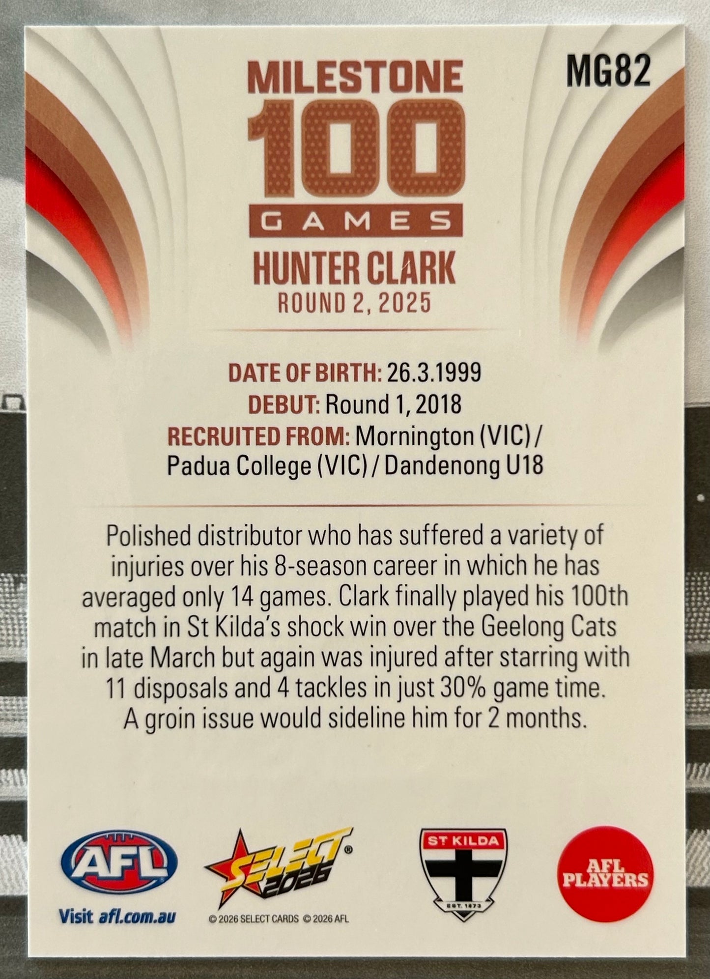 Select AFL Footy Stars 2026 - HUNTER CLARKE (ST KILDA) Milestone 100 Games MG82