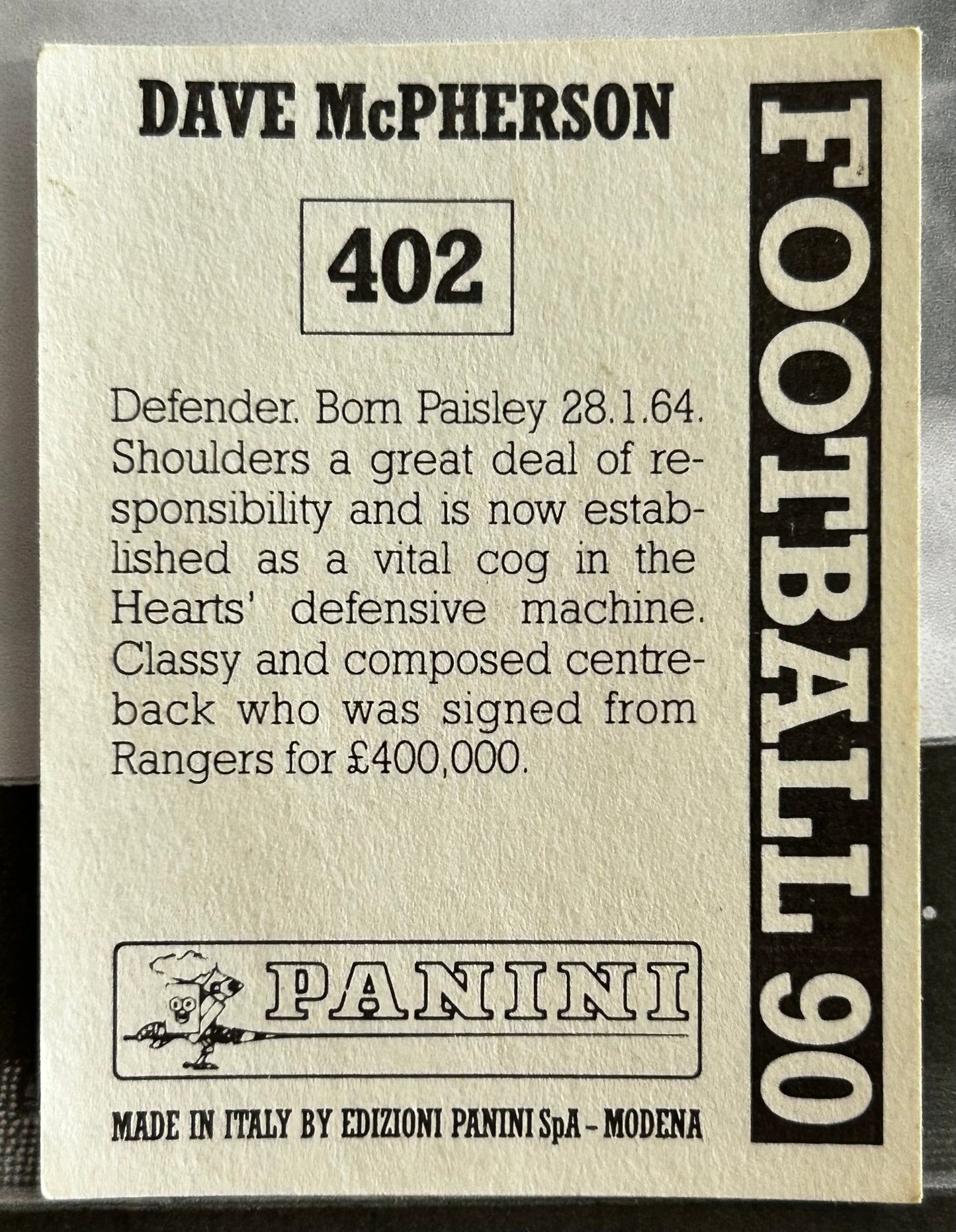 Panini Football 90 Sticker - DAVE McPHERSON (HEART OF MIDLOTHIAN) #402
