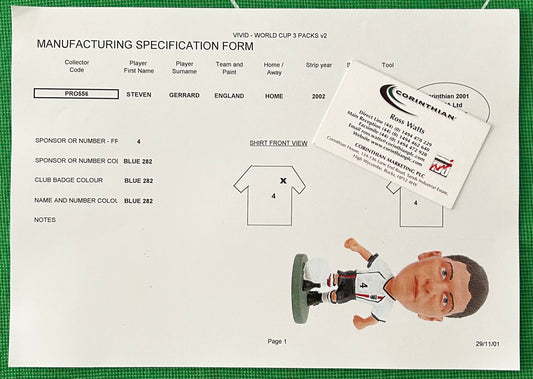 Corinthian ProStars Manufacturing Specification Form - STEVEN GERRARD (ENGLAND) Vivid World Cup 2002 3 Packs PRO556