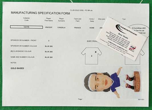 Corinthian ProStars Manufacturing Specification Form - VINCENT CANDELA (FRANCE) Club Gold 2002 CG176