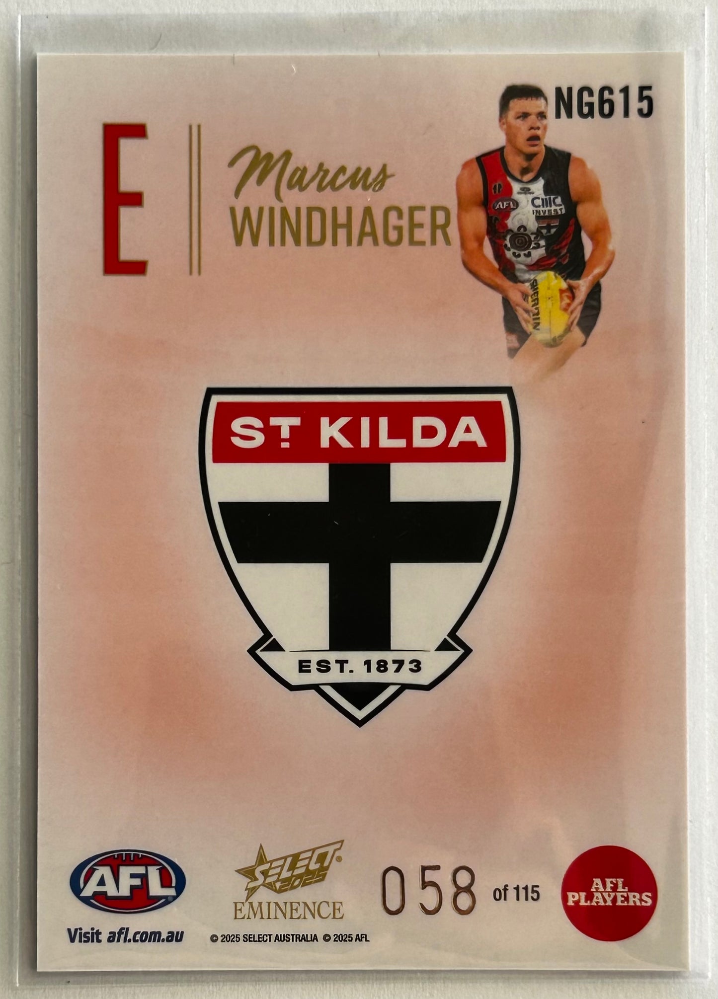 2025 AFL Select Eminence - MARCUS WINDHAGER (ST KILDA) Nameplate Gold 'E' /115 NG615