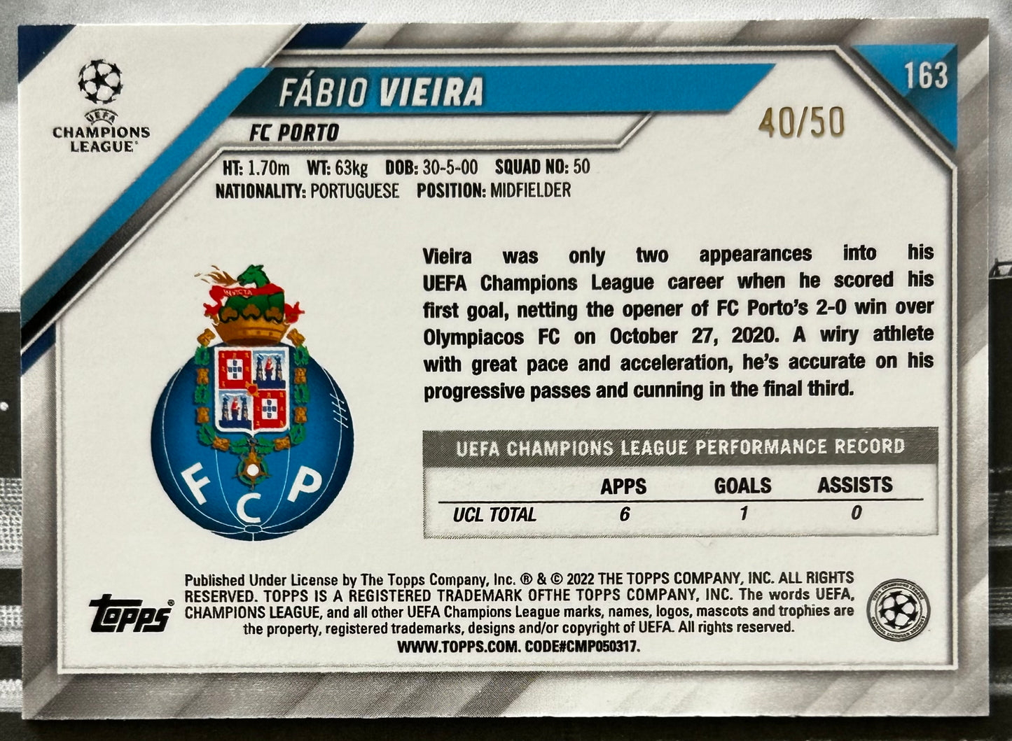 Topps UEFA Chrome Sapphire 2021-22 - FABIO VIEIRA (FC PORTO) Orange Parallel #163 /50