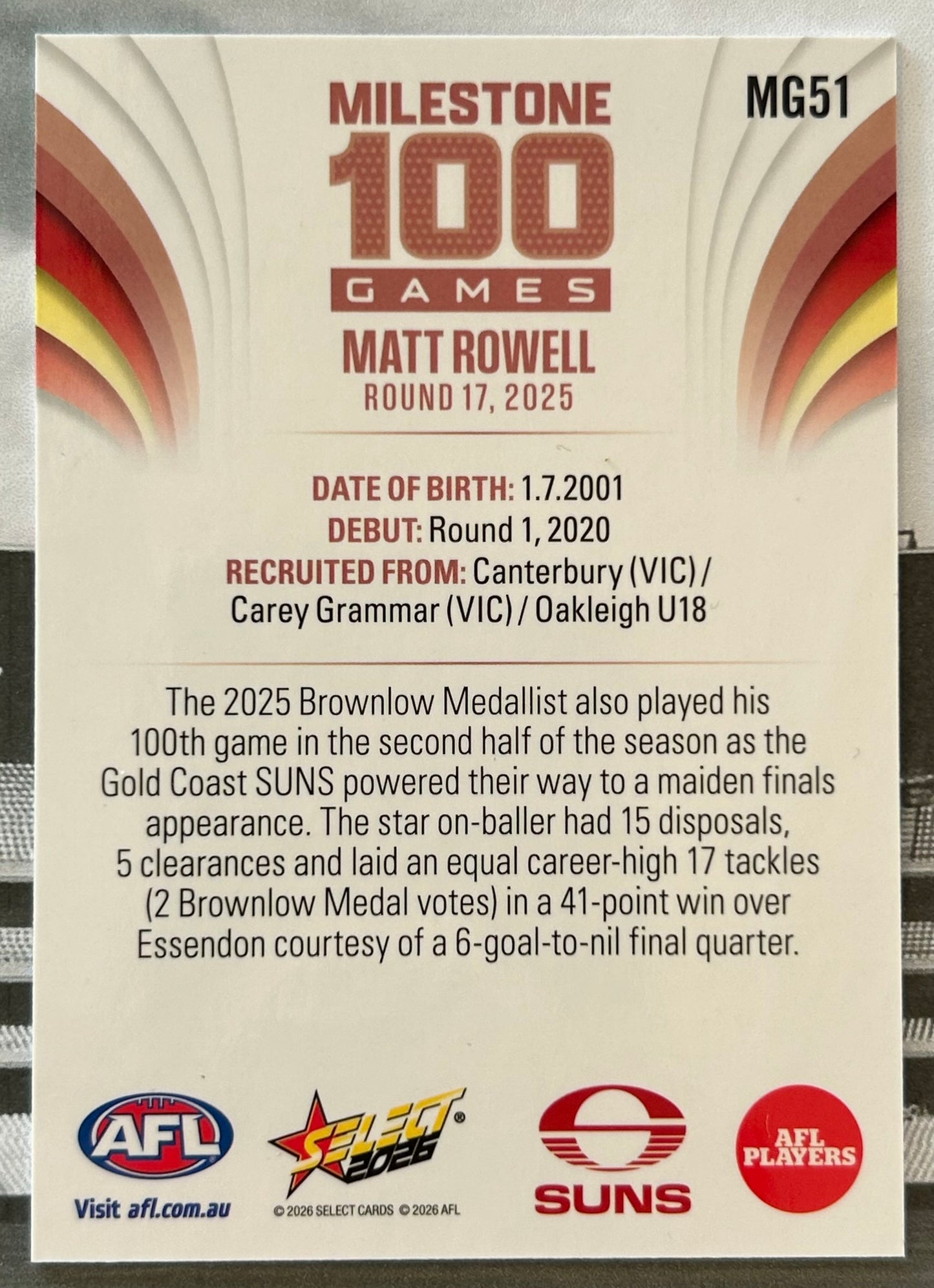 Select AFL Footy Stars 2026 - MATT ROWELL (GOLD COAST SUNS) Milestone 100 Games MG51