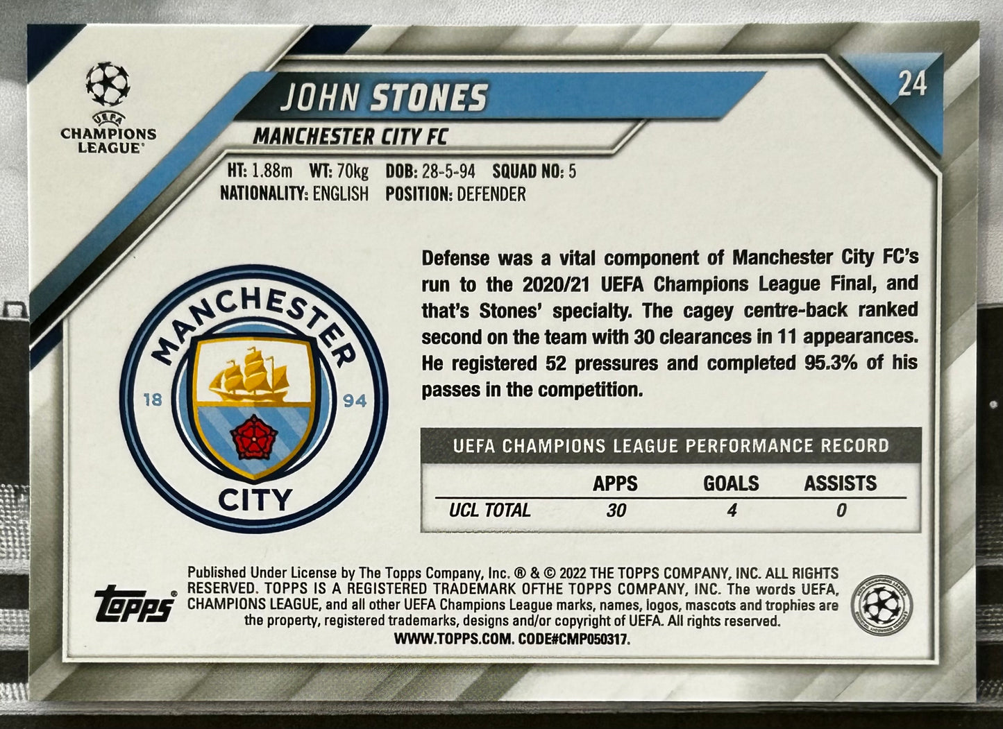 Topps UEFA Chrome Sapphire 2021-22 - JOHN STONES (MANCHESTER CITY) #24