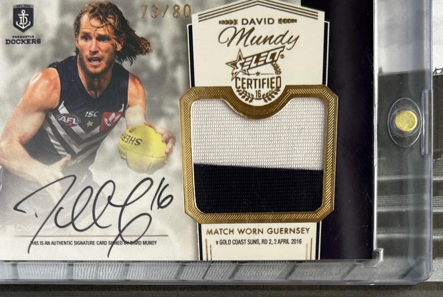Select AFL 2016 Certified - DAVID MUNDY (FREMANTLE DOCKERS) Match Worn Guernsey Signature Card MGS2 /80