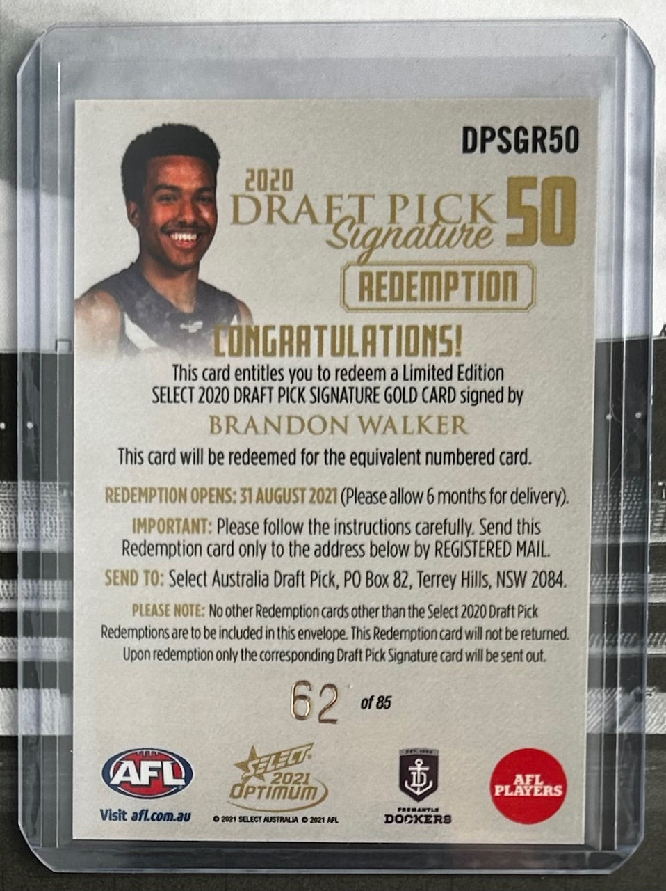 Select AFL Optimum 2021 - BRANDON WALKER (FREMANTLE DOCKERS) Draft Pick Signature Gold Redemption DPSGR50 /85