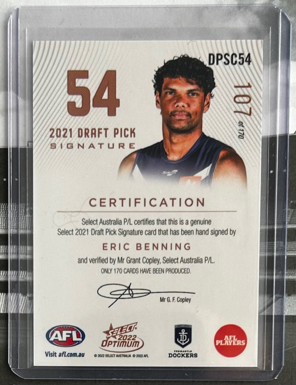 Select AFL Optimum 2022 - ERIC BENNING (FREMANTLE DOCKERS) Draft Pick Signature Copper DPSC54 /170