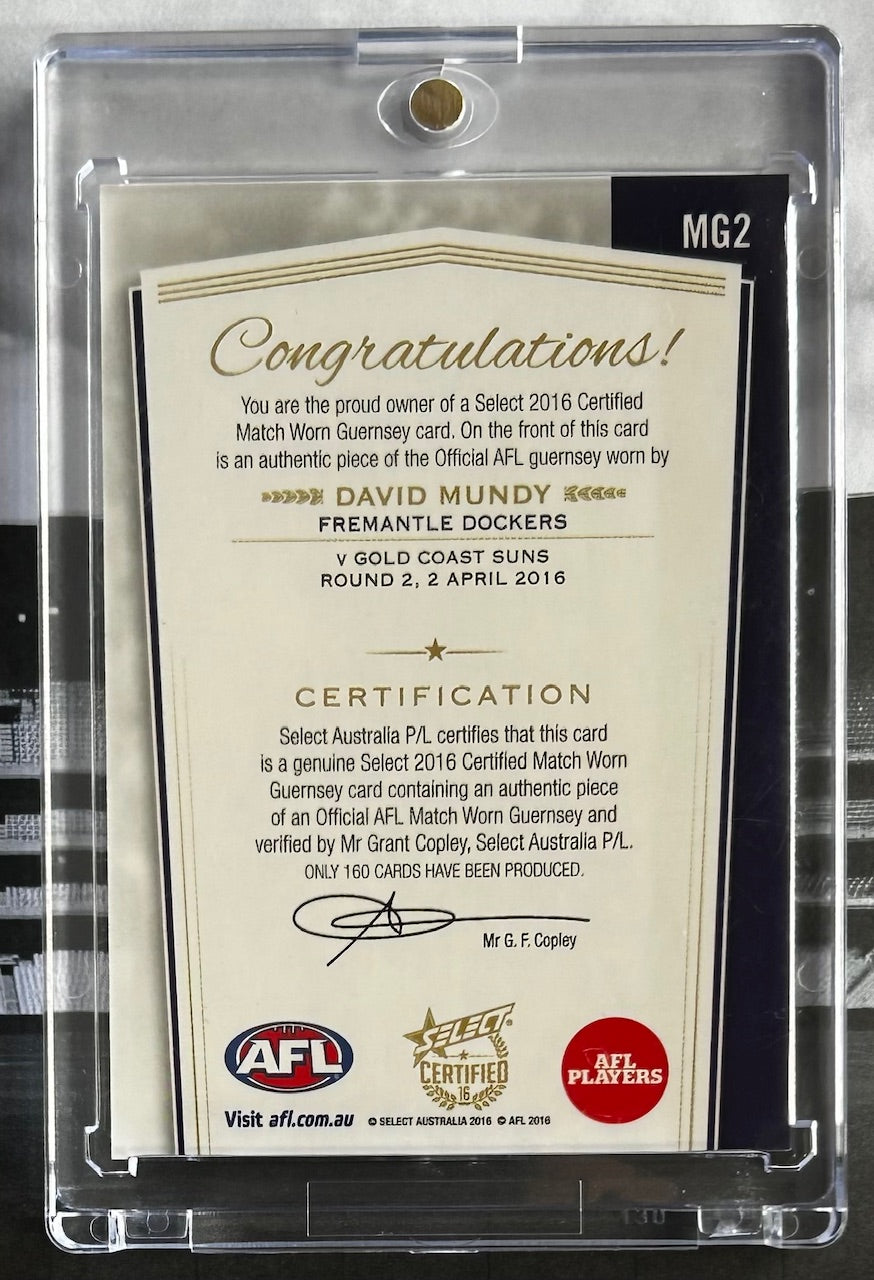 Select AFL 2016 Certified - DAVID MUNDY (FREMANTLE DOCKERS) Match Worn Guernsey Card MG2 /160