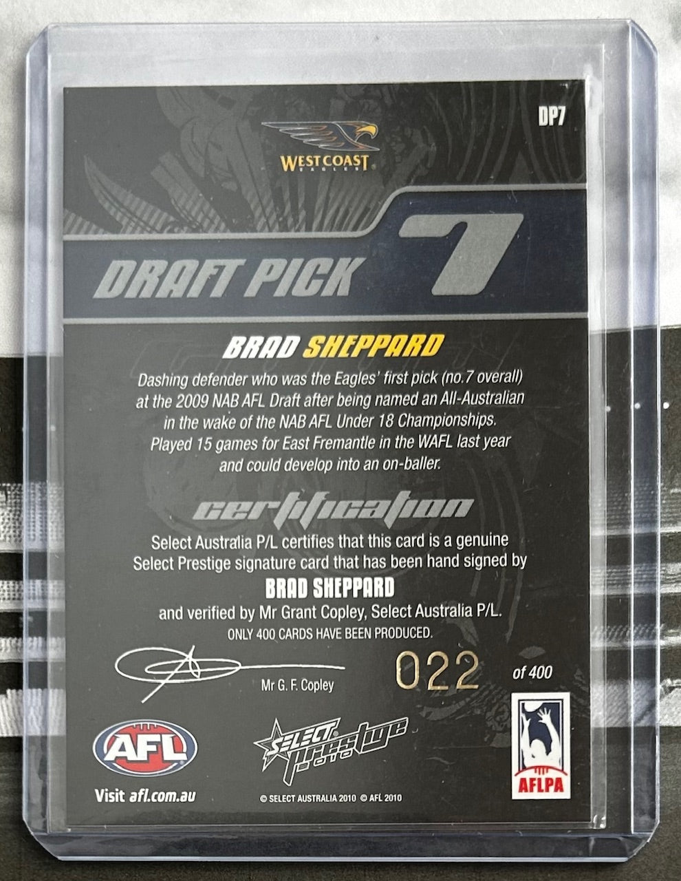 2010 Select AFL Prestige - BRAD SHEPPARD (WEST COAST EAGLES) Draft Pick Signature DP7 /400