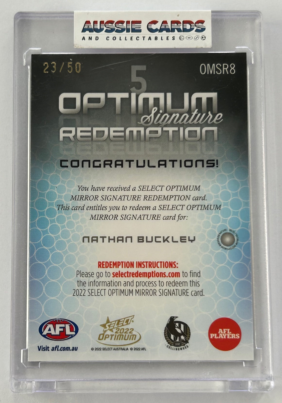 Select AFL 2022 Optimum - NATHAN BUCKLEY (COLLINGWOOD) Signature Redemption OMSR8 #23/50