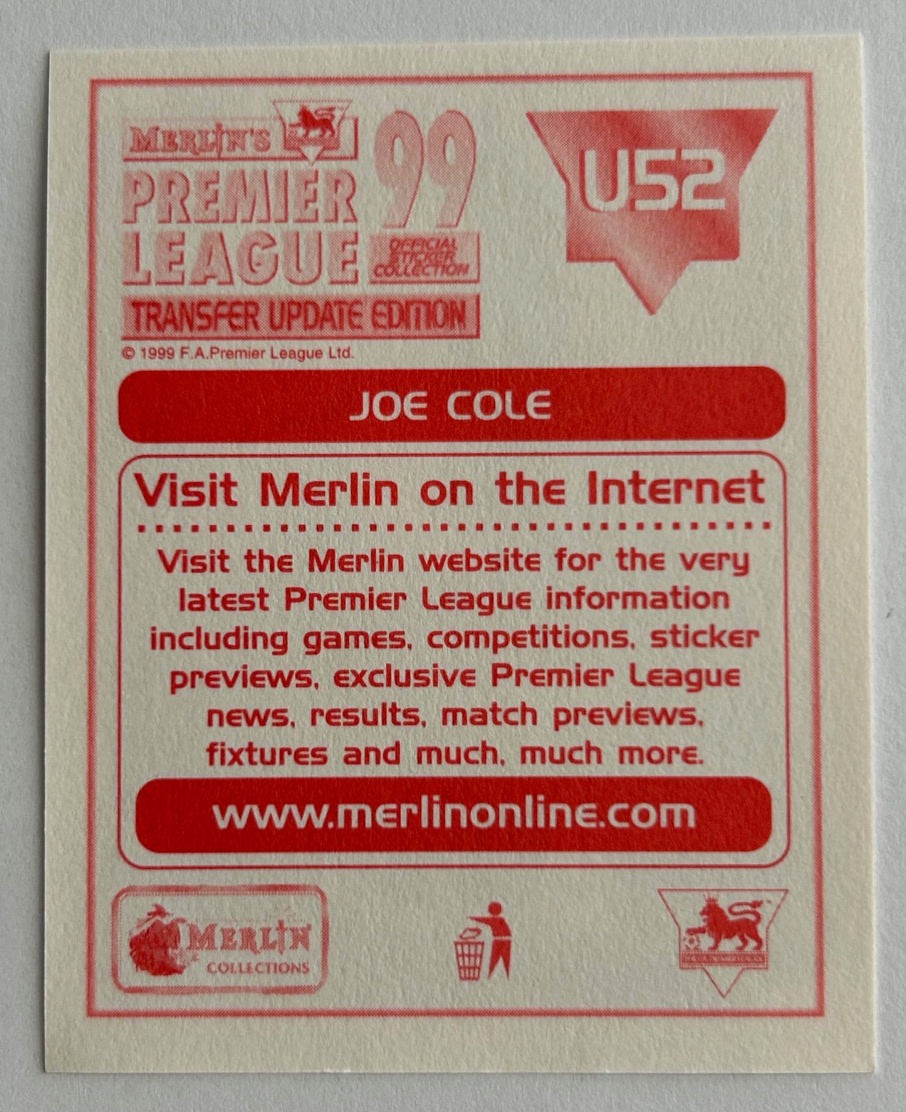 Merlin's Premier League 99 Transfer Update Edition Sticker - JOE COLE (WEST HAM) U52 Rookie RC
