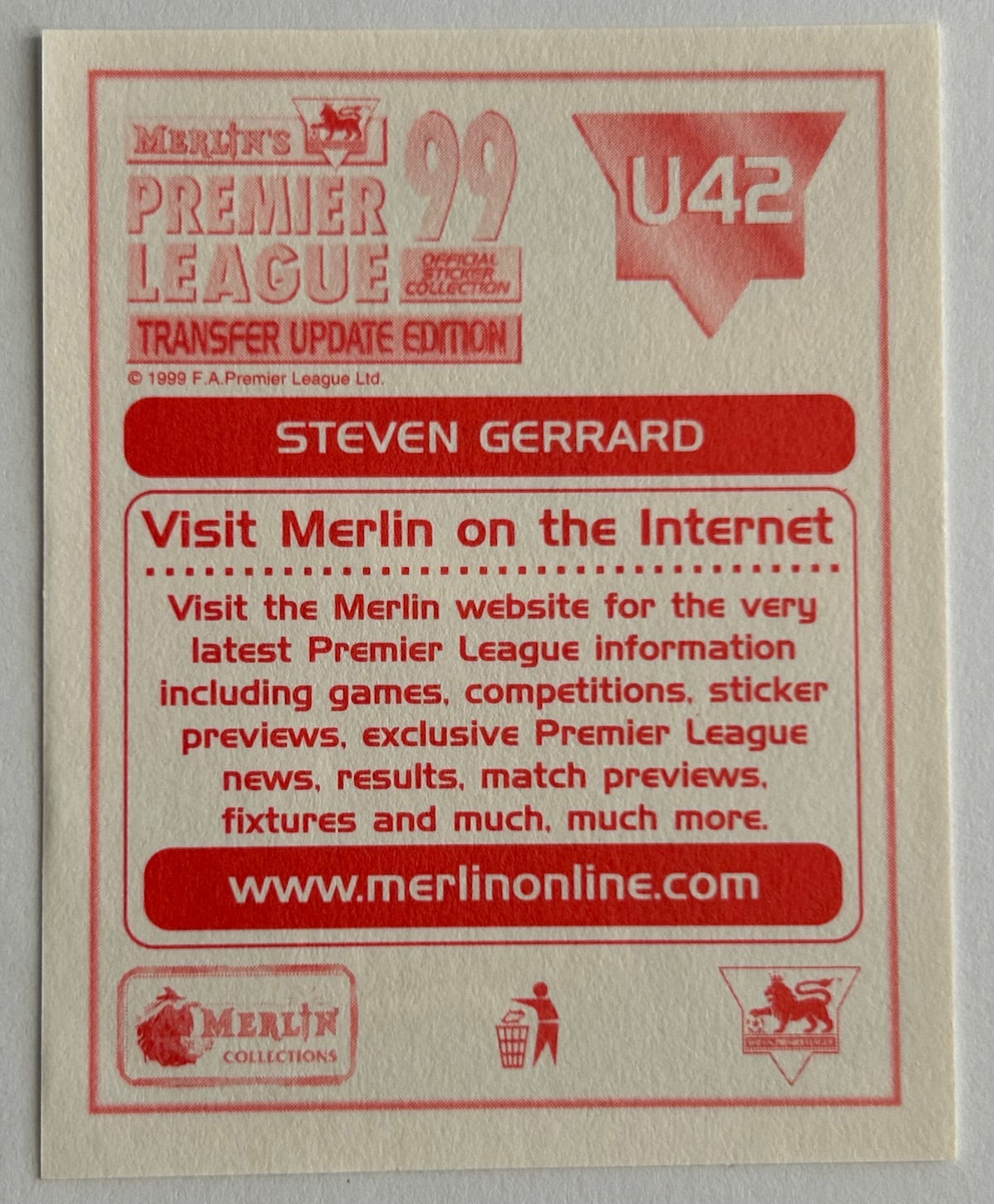 Merlin's Premier League 99 Transfer Update Edition Sticker - STEVEN GERRARD (LIVERPOOL) U42 Rookie RC