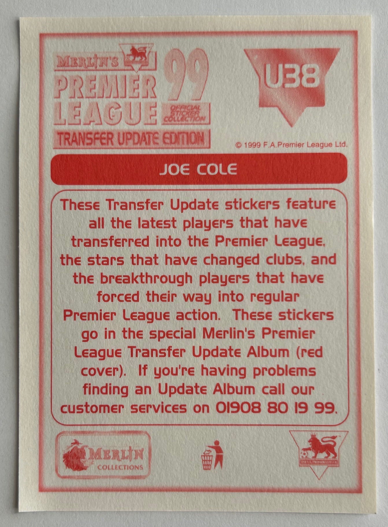 Merlin's Premier League 99 Transfer Update Edition Sticker - JOE COLE (WEST HAM) U38 Rookie RC