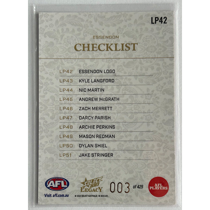 Select AFL 2023 Legacy - CHECKLIST (ESSENDON) Legacy+ LP42 #003/425