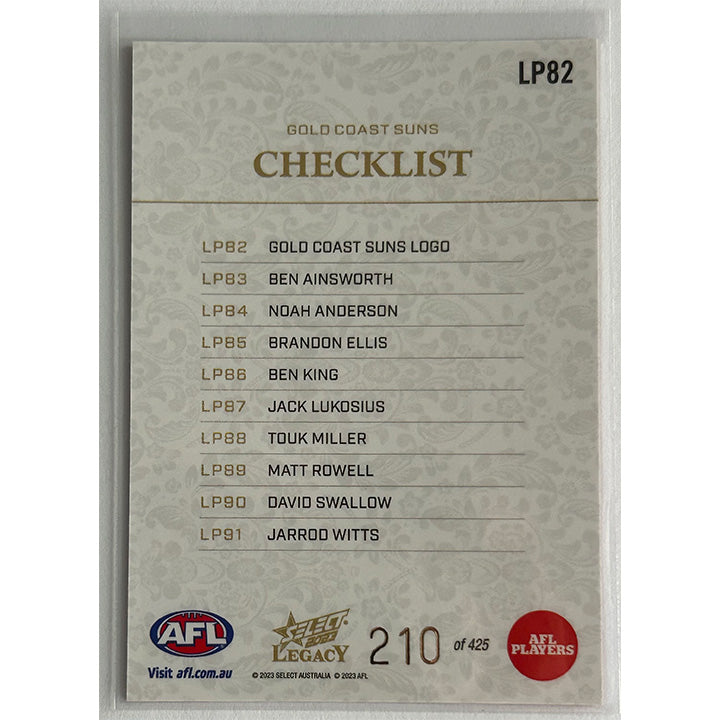 Select AFL 2023 Legacy - CHECKLIST (GOLD COAST SUNS) Legacy+ LP82 #210/425