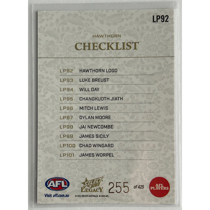 Select AFL 2023 Legacy - CHECKLIST (HAWTHORN) Legacy+ LP92 #255/425