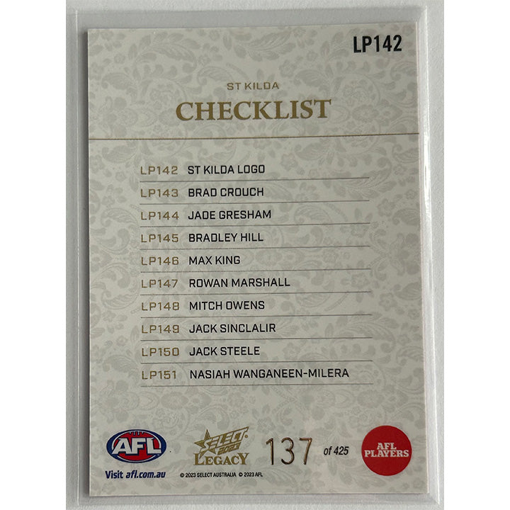 Select AFL 2023 Legacy - CHECKLIST (ST KILDA) Legacy+ LP142 #137/425