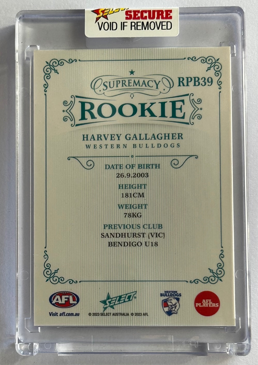 Select AFL 2023 Supremacy Rookie - HARVEY GALLAGHER (WESTERN BULLDOGS) RPB39 /75