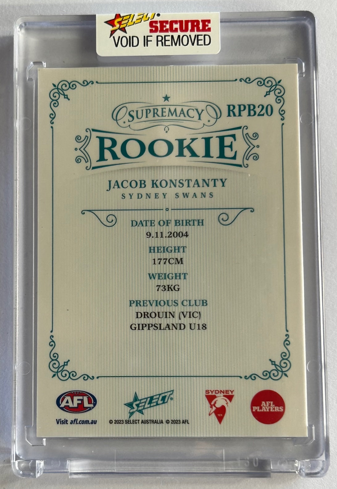 Select AFL 2023 Supremacy Rookie - JACOB KONSTANTY (SYDNEY SWANS) RPB20 /75