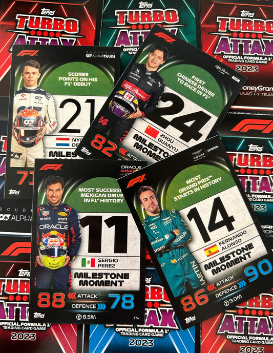 Topps F1 Turbo Attax 2023 - Single MILESTONE MOMENTS & PSA Cards (#172 - #192)