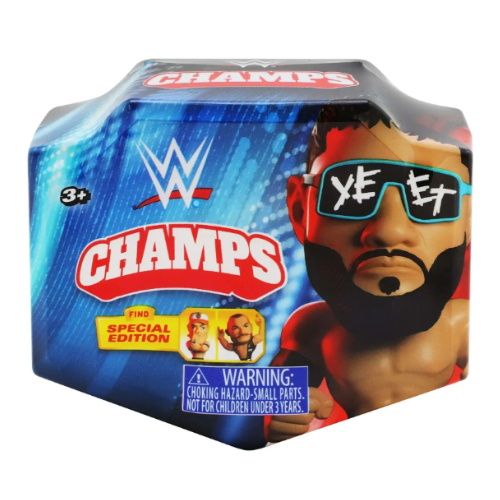 WWE Champs toy packaging with Jey Uso wearing sunglasses and a beard, on a white background.